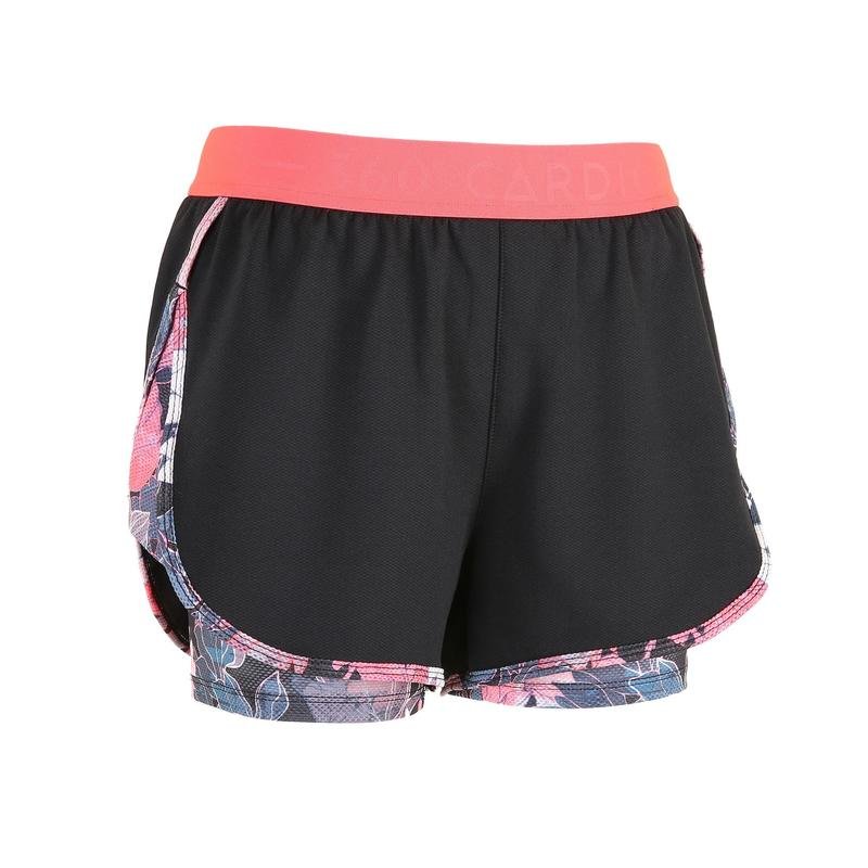 womens fitness cardio training 2 in 1 shorts black print domyos by decathlon 8558861 1696011
